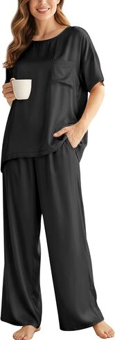 Women's Silk Satin Pajama Sets 2 Piece Short Sleeve with Long Pajama Pant Silky Sleepwear Lounge Set in Saudi Arabia