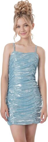 2Bunnies Girls Tween Teen Bodycon Ruched Spaghetti Strap Metallic Shimmer Sequin Party Dance Mini Dress in Kuwait