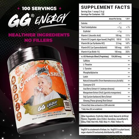 Gamer Supps, GG Energy Grandma's Ashes (100 Servings) - Keto Friendly Gaming Energy and Nootropic Blend, Sugar Free + Organic Caffeine + Vitamins, Powder Drink in Saudi Arabia