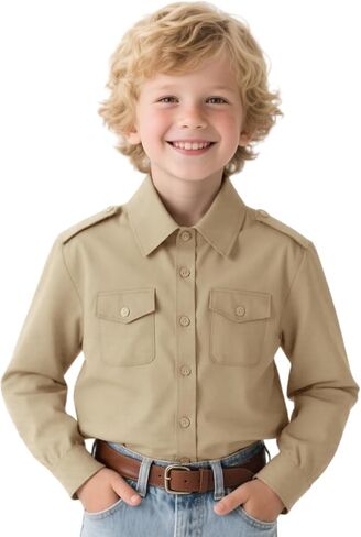 Boys Long Sleeve Button-Down Shirt Kids Casual Western Shirts Tops with Two Pockets in Kuwait