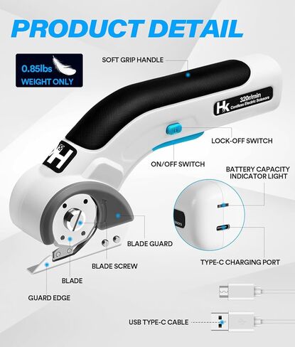 HK Cordless Electric Scissors,Cardboard Box Cutter,4V Rechargeable Rotary Cutter with Safety Lock & Replacement Blade,Cardboard Cutter for Cutting of Fabric, Leather, Carpet, Plastic in Saudi Arabia