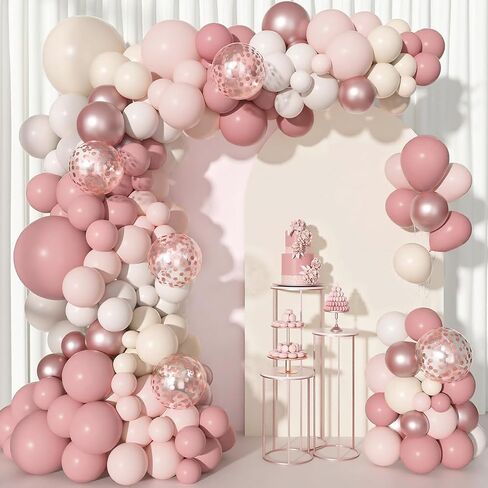 Ouddy Life 174Pcs Boho Blush Pink Balloons Arch Garland Kit, Retro Dusty Pink Balloons Nude Rose Gold Confetti for Girls Baby Shower Weddings Birthday Bachelorette Party Decorations in Kuwait