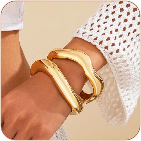 Salircon Gold Bangle Bracelets for Women Gold Wide Chunky Cuff Bracelets Trendy Hinged Cuff Open Wide Chunky Bracelet Irregular Minimalist Cuff Jewelry in Saudi Arabia