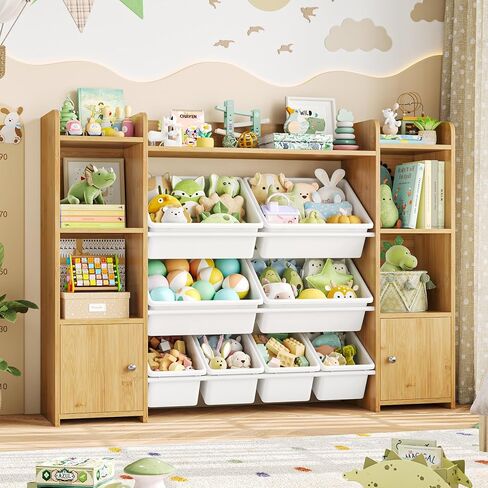 Fotosok 55''large Toy Storage Organizer مع 8 صناديق ألعاب ومنظمين ألعاب وتخزين مع الرف و 6 Cubbies ، رف الكتب للأطفال ، تنظيم غرفة اللعب وصناديق التخزين ، الأبيض in Kuwait