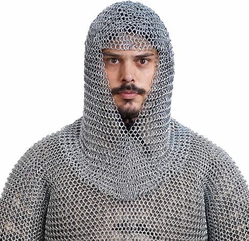 Medieval Chainmail Coif (9-10mm) | Renaissance Knight Chain Mail Hood Armor (16-17 gauge) for Historical Reenactments (Mild Steel, Butted Round Rings, Zinc Polished) in Saudi Arabia