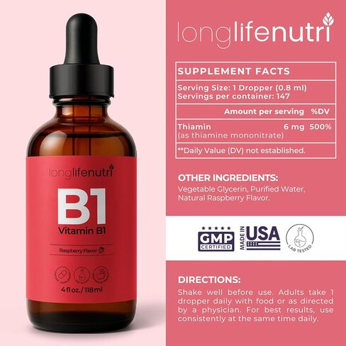 Vitamin B1 Liquid Drops - Thiamine Mononitrate Organic Supplement for Energy and Nerve Health, Fast Absorption, 4 FL OZ, 5-Month Supply, Lab Tested, Made in USA in Saudi Arabia