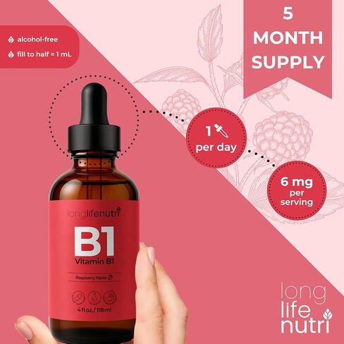 Vitamin B1 Liquid Drops - Thiamine Mononitrate Organic Supplement for Energy and Nerve Health, Fast Absorption, 4 FL OZ, 5-Month Supply, Lab Tested, Made in USA in Saudi Arabia