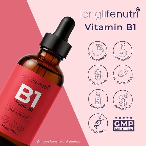 Vitamin B1 Liquid Drops - Thiamine Mononitrate Organic Supplement for Energy and Nerve Health, Fast Absorption, 4 FL OZ, 5-Month Supply, Lab Tested, Made in USA in Saudi Arabia