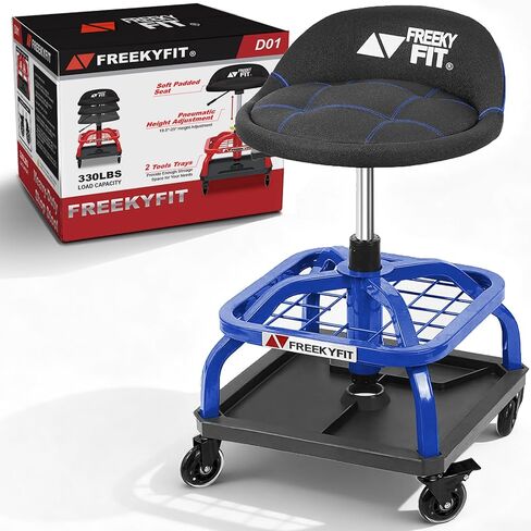 Rolling Shop Stool with Wheels, Garage Work Mechanic Stool with Backrest, Roller Mechanic Chair, Adjustable Height, 360° Swivel, Tool Tray Storage, 330 LBS Capacity, Heavy Duty, Blue in Kuwait