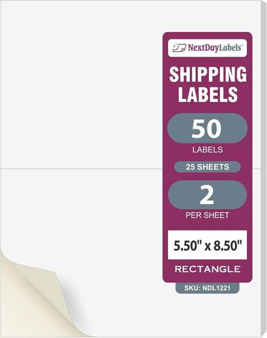 NextDayLabels - 2 Per Page 5-1/2" x 8-1/2" Blank White Laser/Ink Jet Labels, Strong Adhesive, Will Work for USPS Click-N-Ship, FedEx, UPS Shipping Labels (50 Labels) in Saudi Arabia