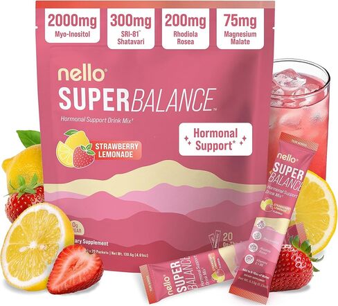 Nello Superbalance Hormonal Support Drink Mix, SRI-81 Shatavari, Myo-Inositol, Rhodiola Rosea, Vitamin C, Magnesium, Theobromine (30 Servings, Strawberry Lemonade) in Saudi Arabia