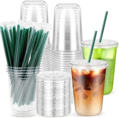 50PCS 12 oz Clear Plastic Cups with Lids and Dark Green Straws, Round Bottom Disposable To Go iced Coffee Cups, Small Bubble Tea Smoothie Cups for Drink Shops, Picnic, Takeout, Party, Office in Saudi Arabia