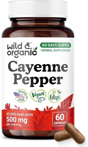 Wild & Organic Cayenne Pepper Capsules 500 mg - Digestive Support - Pure Cayenne Pepper Extract - Capsaicin Powder Supplement - Vegan, No Fillers, Non-GMO - 90 Count in Saudi Arabia