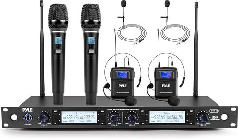Pyle Wireless Microphone System | 2 Lavaliers, Headsets, Belt Transmitters, and Handheld Mics with 300ft Range | UHF Cordless Mic Set with 4-Channel Receiver | for DJ, Church, Weddings & Meetings in Saudi Arabia