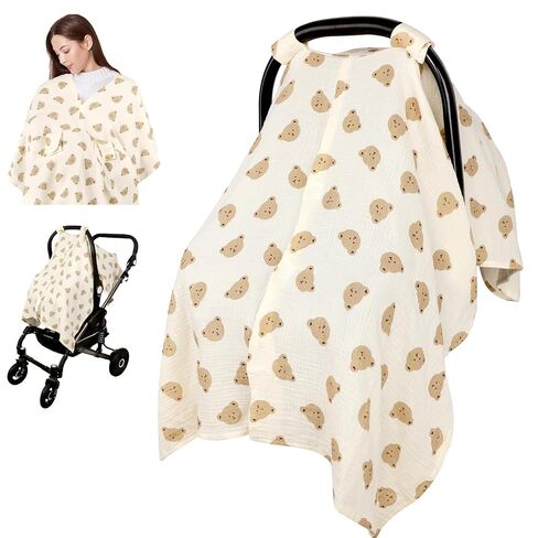 Car Seat Cover Baby Girls Boys, Summer Cotton Baby Car Seat Cover for Carseat, Comfortable Muslin Nursing Cover, Soft Baby Blanket, Breathable Lightweight Infant Stroller Canopy, Cute Bear in Saudi Arabia