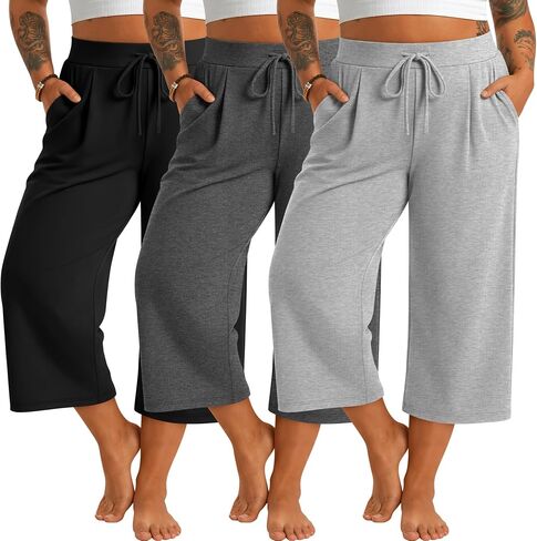 Huukeay 3 Pack Women's Plus Size Capri Pants, Wide Leg Drawstring Elastic Waist Yoga Pants Loose Cropped Trouser with Pockets in Saudi Arabia