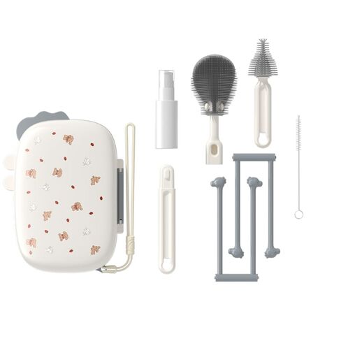 TPE & Silicone Travel Baby Bottle Cleaning Kit, 6-in-1 Baby Bottle Cleaner Brush Set with Breast Pump Cleaning, Nipple Brush, Straw Brush, Soap Dispenser, Portable Drying Rack, Baby Travel Essential in Saudi Arabia