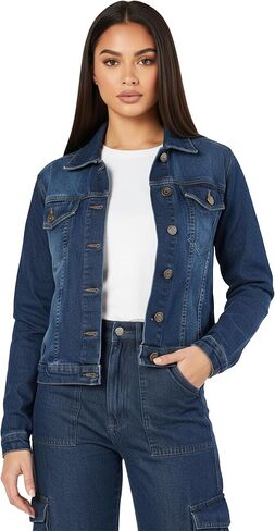 2025 Cropped Denim Jacket for Women Stretchy Fitted with 2 Pockets – Lightweight Trendy Short Jean Shacket in Kuwait