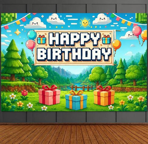Pixel Backdrop Happy Birthday Banner Boy 6x4ft Miner Bday Sign Villager Gaming Birthday Party Decorations Videogame Themed Banner Video Game Decorations Video Game Backdrop for Boys in Kuwait