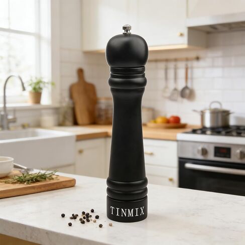 Wooden Pepper Grinder or Salt Mill, 11 Inch Peppercorn Grinder with Adjustable Roughness Ceramic Rotor and Easily Refillable, Oak Wood Capstan Sea Salt Mill for Your Kitchen, Black in Saudi Arabia