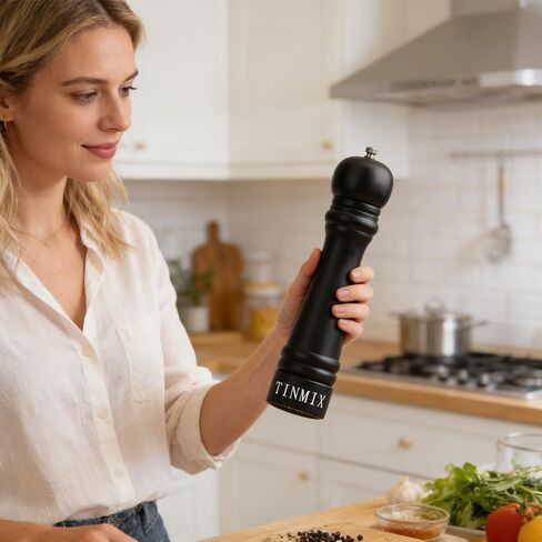 Wooden Pepper Grinder or Salt Mill, 11 Inch Peppercorn Grinder with Adjustable Roughness Ceramic Rotor and Easily Refillable, Oak Wood Capstan Sea Salt Mill for Your Kitchen, Black in Saudi Arabia