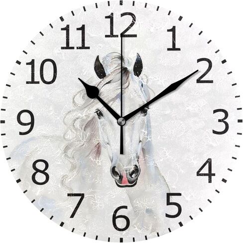 ALAZA Non-Ticking Round Clock, White Horse Decorative Battery Operated Wall Clock for Desktop Break Room Apartment Shop in Saudi Arabia