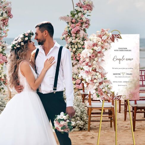 2 Pack 46" H Metal Round Tube Scroll Display Easel, Vintage Gold Decorative Large Adjustable Floor Standing Easel with Chain Support, Perfect for Showcasing Pictures, Artwork, Picture Frame Wedding in Saudi Arabia