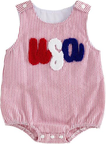 Karuedoo Newborn Baby Boy 4th of July Outfit Embroidery Smocked Bubble Romper Sleeveless Plaid Bodysuit Patriotic Clothes in Saudi Arabia