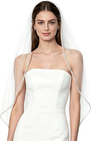 Wedding Veil Pearls and Crystals Beaded Edge 1 Tier Fingertip Length Bridal Veil in Saudi Arabia