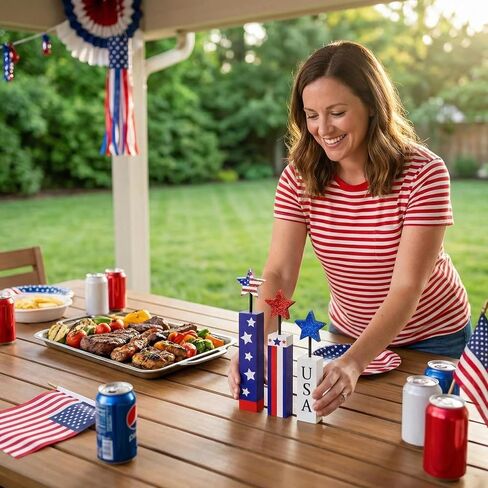 4th of July Table Decorations Wooden Firework Sign, Patriotic Tiered Tray Decor Memorial Day Independence Day, Red White and Blue Decorations for Table Home (Set of 3) in Saudi Arabia