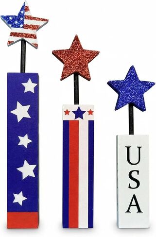 4th of July Table Decorations Wooden Firework Sign, Patriotic Tiered Tray Decor Memorial Day Independence Day, Red White and Blue Decorations for Table Home (Set of 3) in Saudi Arabia