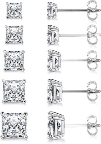 MDFUN 18K White Gold/Yellow Gold/Rose Gold Plated Princess Cut Square Clear Cubic Zirconia Stud Earring Pack of 5 Pairs in Saudi Arabia