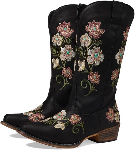 ROPER Womens Riley Floral Snip Toe Pull On Casual Boots Mid Calf Low Heel 1-2" - Black in Saudi Arabia