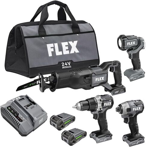 FLEX 24V Brushless Cordless 4-Tool Combo Kit: Reciprocating Saw, Oscillating Multi-Tool, Drill Driver, and Impact Driver with (2) 2.5Ah Lithium Battery and 160W Fast Charger - FXM404-2A in Saudi Arabia