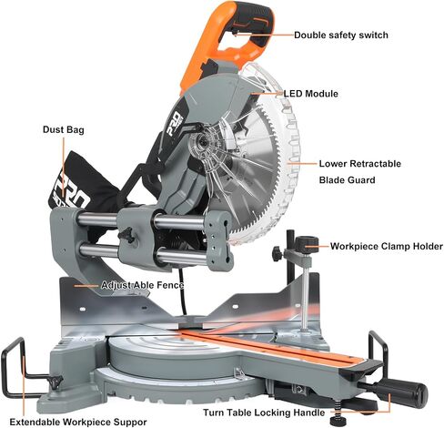 Prostormer 12-Inch Sliding Compound Miter Saw, 15-Amp Corded Dual Bevel Miter Saw with LED Light & Sliding Arm, for Wood, Decking, Laminate Cutting in Saudi Arabia