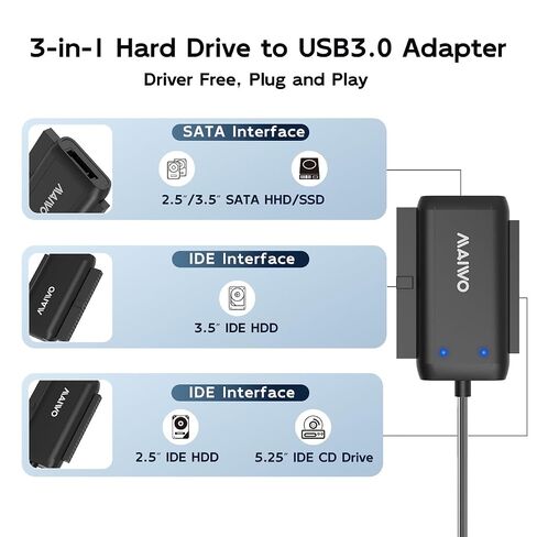 SATA/IDE to USB 3.0 Adapter, External Hard Drive Ultra Recovery Converter for Universal 2.5 3.5 inch IDE and SATA HDD/SSD, 5.25 inch DVD/CD-ROM Optical Drive, 18TB Capacity, 12V/2A Power Adapter in Saudi Arabia