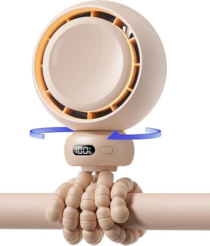 Mini Portable Stroller Fan – 60° Auto Oscillation, Quiet USB-C Rechargeable Baby Fan, 4 Speeds, Night Light & Warning Light, Flexible Tripod for Stroller, Car Seat, Crib, Camping (Brown) in Saudi Arabia
