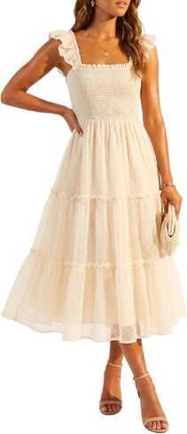 Women's Wedding Guest Dress Dotted Tulle Smocked Summer Midi Sleeveless Ruffle Tiered Flowy Mesh Party Sundress in Saudi Arabia
