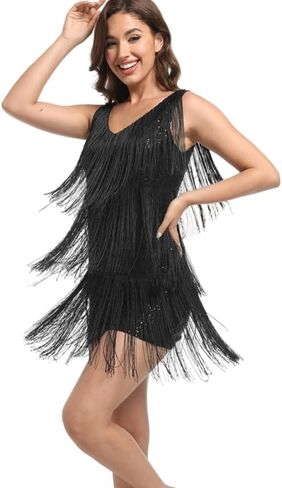 فستان نسائي قصير من Gatsby 20s Flapper Roarin كوكتيل عتيق بشرابة، فستان بحزام صغير للحفلات والنوادي من عشرينيات القرن العشرين in Kuwait