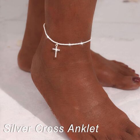 S925 Sterling Silver Anklets Dainty 14K Gold Plated Waterproof Ankle Bracelets Rhinestone Cross Layered Anklet Chain Glitter Fashion Foot Jewelry for Women in Saudi Arabia