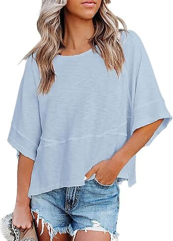 Womens Fashion T-Shirt Crewneck 3/4 Sleeves Solid Color Loose Basic Tops Summer Casual Tees Blouses in Saudi Arabia