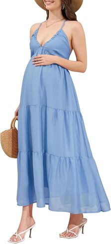 guruixu Maternity Maxi Dress V Neck Spaghetti Strap Backless Tiered Boho Cami Sundress for Baby Shower Photoshoot in Kuwait