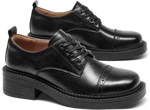 BEAU TODAY Oxford Shoes for Women, Genuine Leather Lace Up Platform Oxfords, Women's Vintage Brogue Cap Toe Oxfords, Comfortable Square Toe Chunky Heel Business Casual Dress Shoes for Work in Saudi Arabia