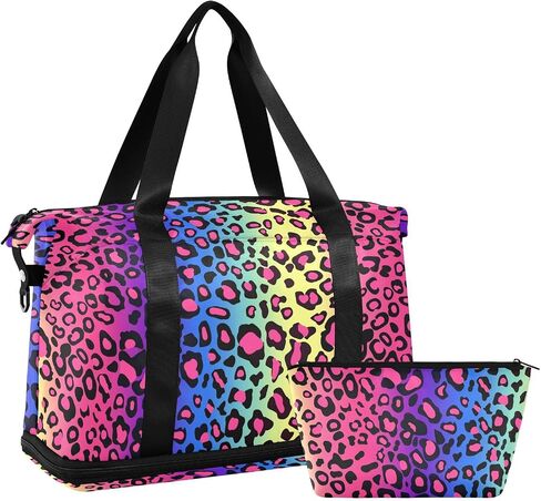 Weekender Bag for Women, Rainbow Leopard Cheetah Gym Bag Sports Duffle Bag Travel Tote Bag with Toiletry Bag Shoes Compartment Dry/Wet Separation Swim Bag in Saudi Arabia