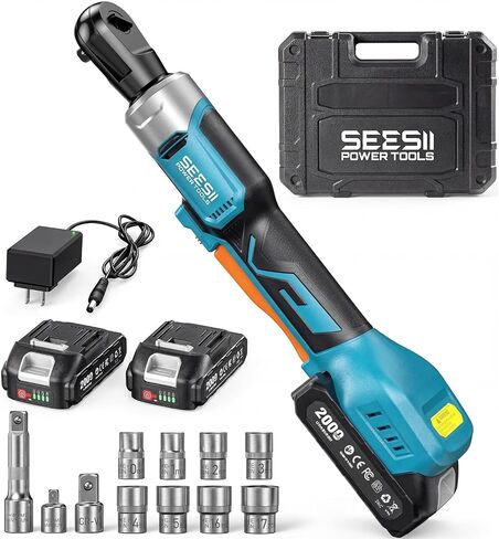 Seesii 3/8" Cordless Ratchet Wrench, 66Ft-lbs 200RPM Ratchet Wrench, 2 * 21V Rechargeable Power Electric Ratchet Driver with Variable Speed, 7 Sockets, 1/4" and 1/2" Adapter, 3" Extension Bar in Saudi Arabia