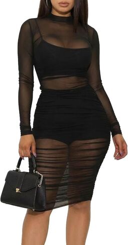 Women 3 Piece Outfits Sexy Crop Top Short Set Mesh See-Through Ruched Bodycon Midi Dress Clubwear in Saudi Arabia