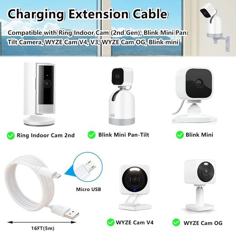 Charger Extension Cable Compatible with Blink Mini Pan Tilt, WYZE Cam V4, Ring Indoor Cam (2nd Gen), Micro USB Extension Power Cord, Waterproof Security Camera Charging Cable, 2 Pack, 16 FT in Saudi Arabia