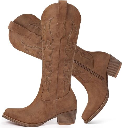 Cowboy Boots for Women - Knee High Wide Calf Cowgirl Boots with Chunky Heel Snip Toe Side Zipper Embossed Design for Festival Prom Party Casual Outfits in Saudi Arabia