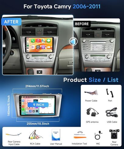 2G+64G 8 Core Android Car Stereo for Toyota Camry 2006-2011,Car Radio Wireless Carplay Android Auto 9'' Head Unit Touch Screen Bluetooth GPS Navigation FM/RDS WiFi AHD Backup Camera Mic in Kuwait