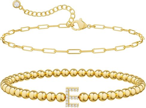 Gold Initial Bracelets for Women, Dainty 14K Gold Plated Beaded Bracelets Stack CZ Letter Charm Bracelet Set No Tarnish Paperclip Link Chain Bracelet Trendy Simple Jewelry for Women in Kuwait